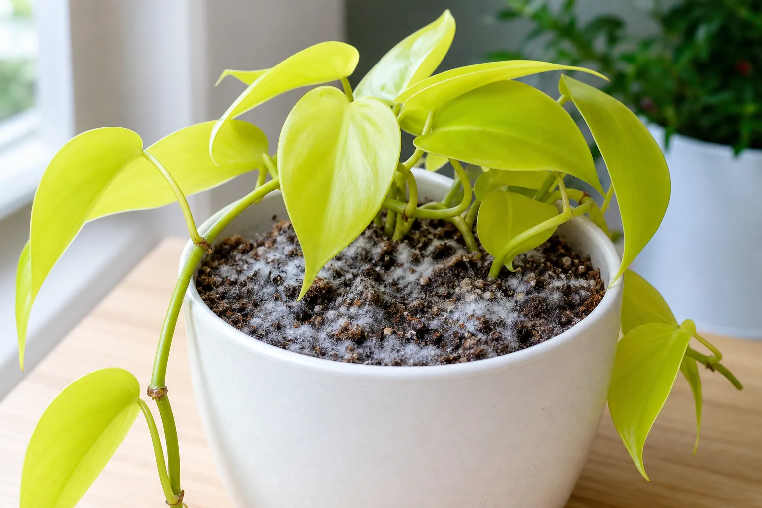 Mold on Soil on Philodendron Lemon Lime - visible symptom on the plant