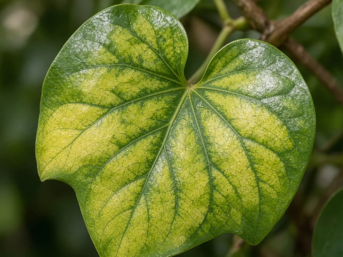 Close-up of magnesium deficiency on heartleaf philodendron - interveinal yellowing on older glossy heart-shaped leaf