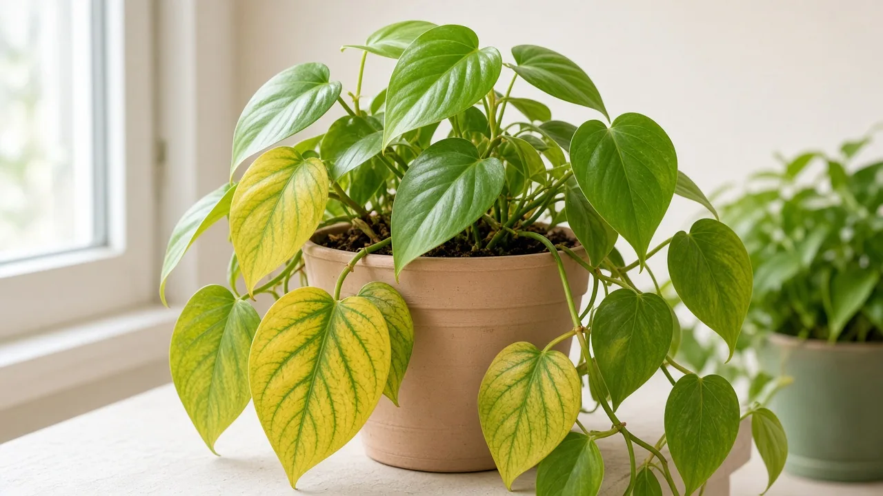 Magnesium deficiency on heartleaf philodendron - yellow between green veins on older lower heart-shaped leaves