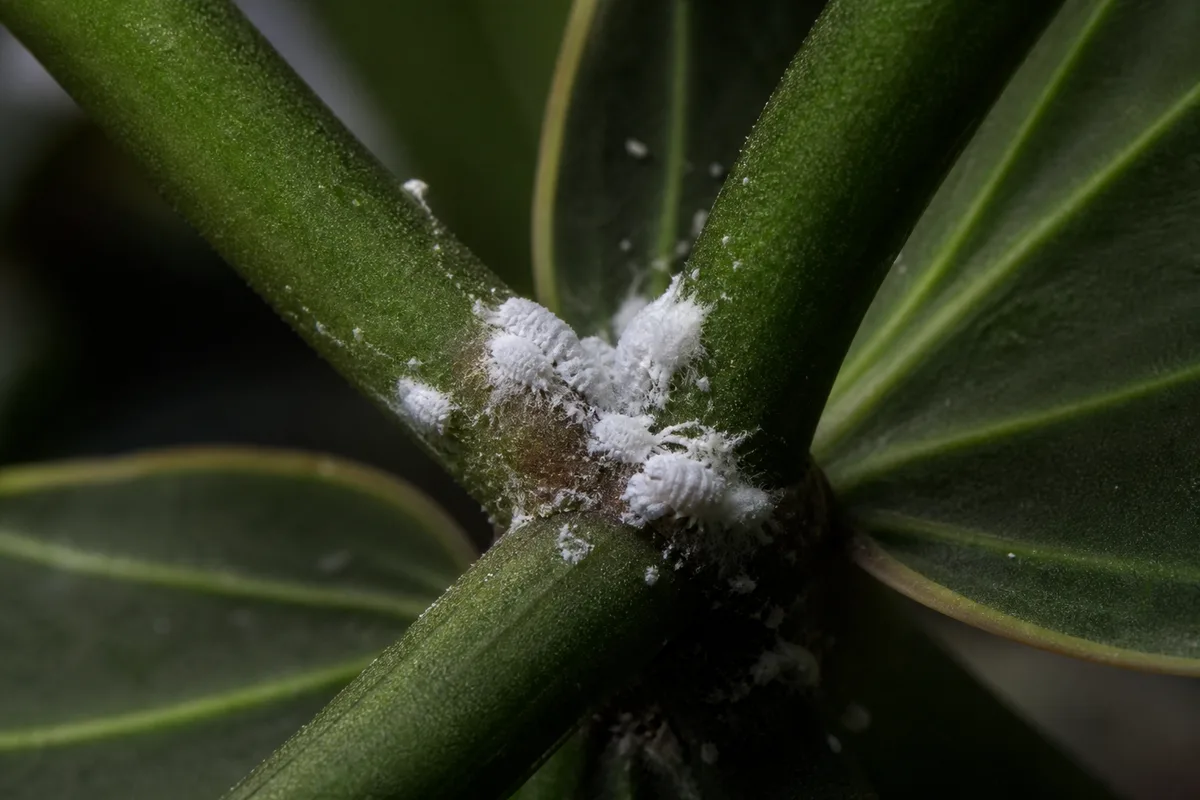 Close-up of Mealybugs on Philodendron Melanochrysum - diagnostic detail