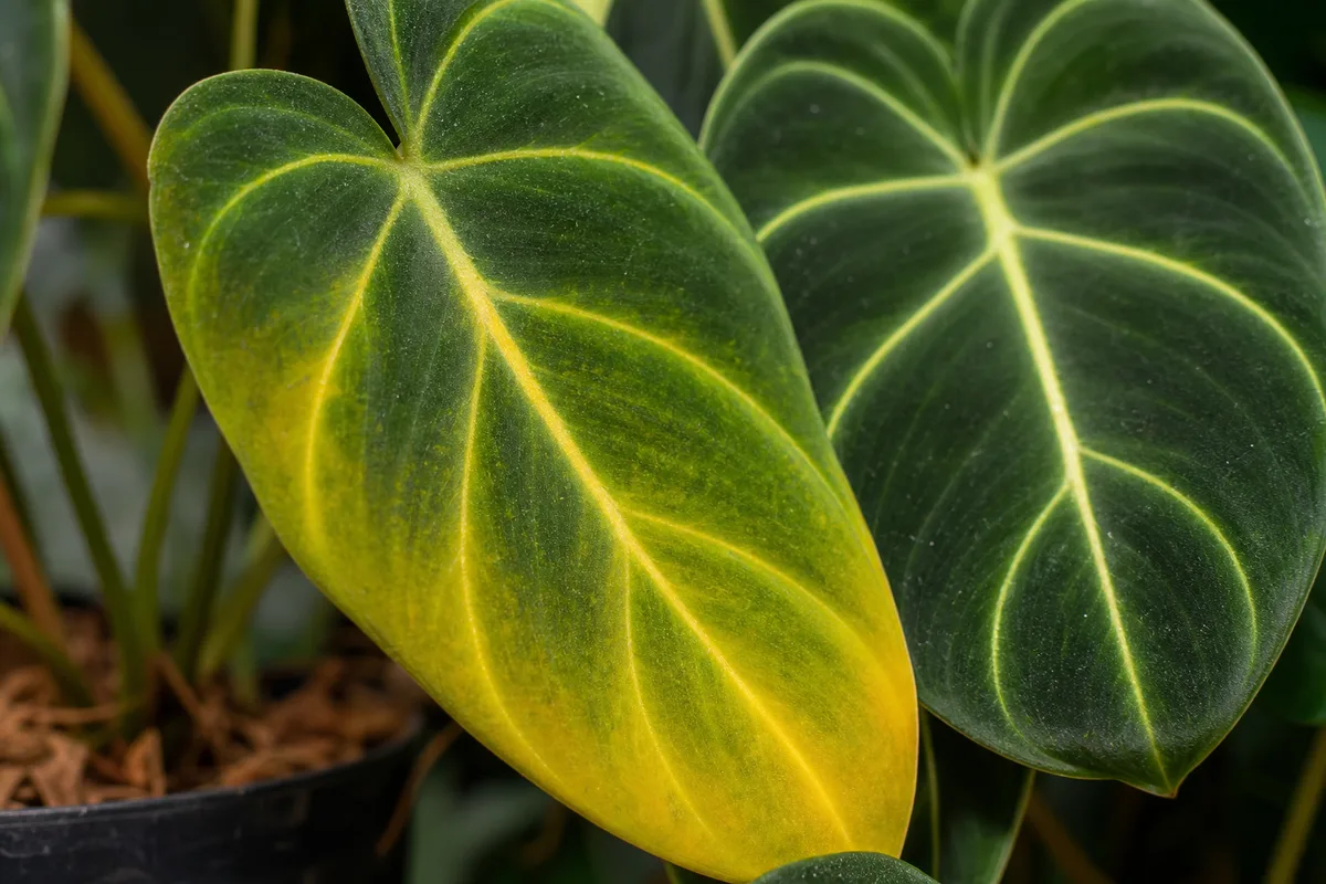 Close-up of Yellow Leaves on Philodendron Melanochrysum - diagnostic detail