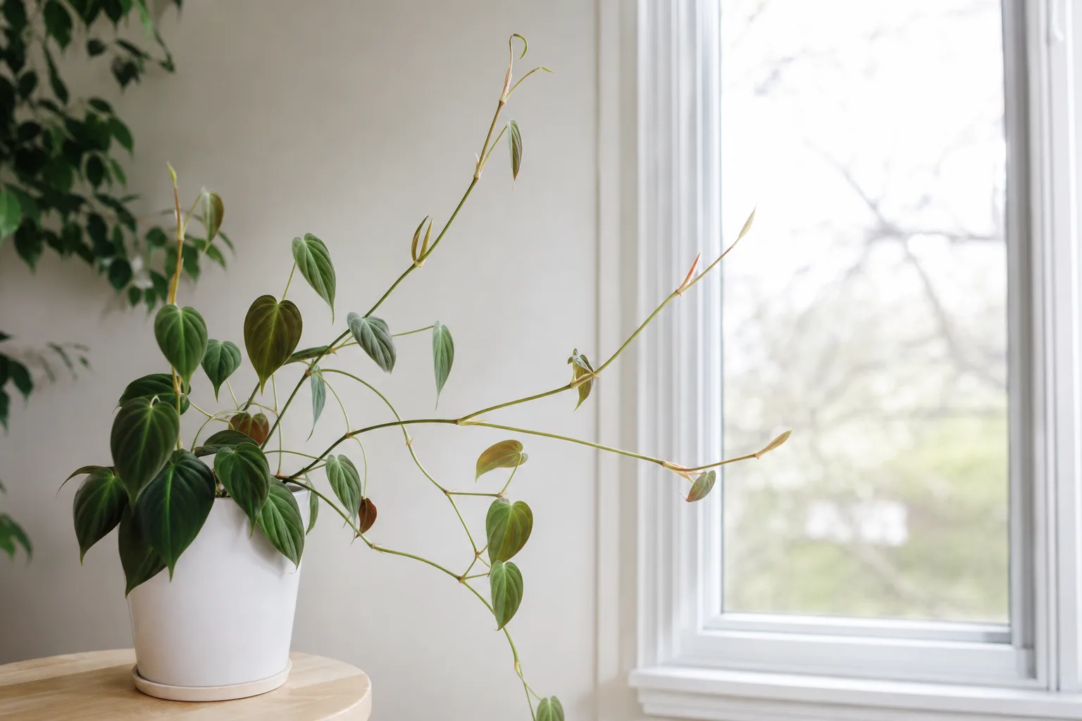 Philodendron Micans with stretched internodes and smaller leaves in low light