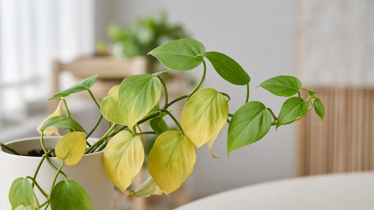 Nitrogen deficiency on Heartleaf Philodendron - pale yellowing older leaves on trailing vines