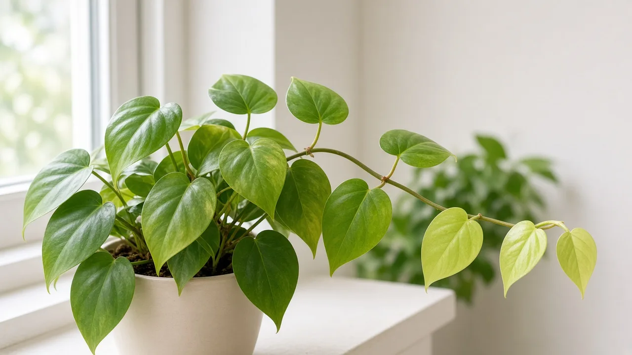 Pale Leaves on Heartleaf Philodendron - washed-out yellow-green foliage on trailing vine