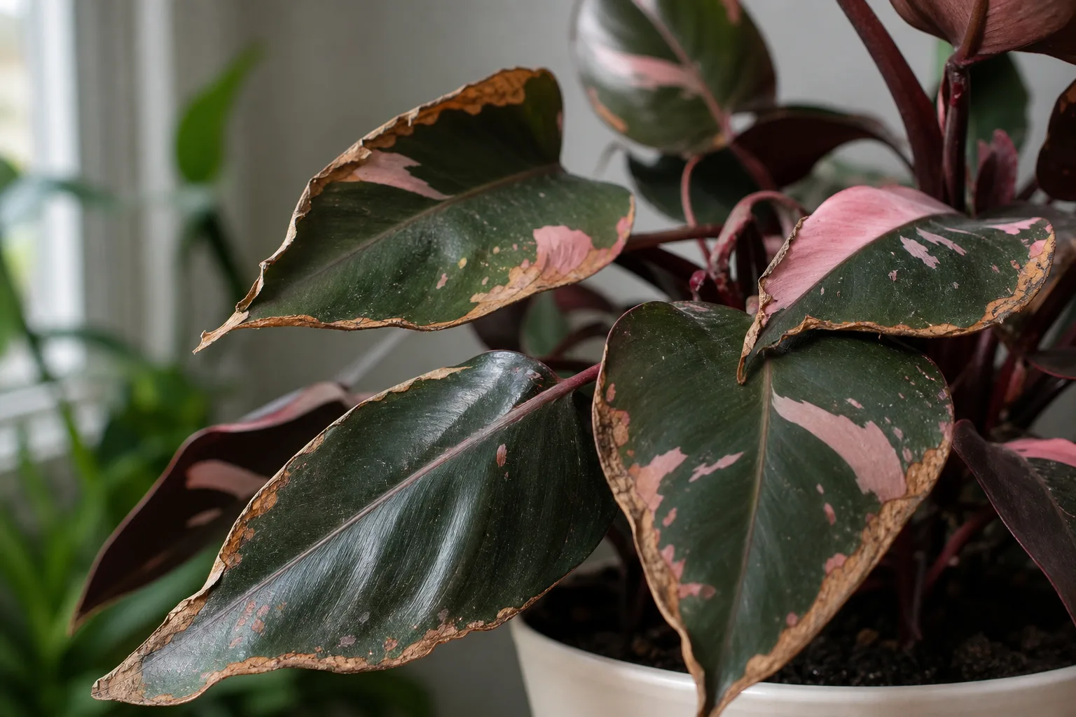 Low Humidity on Philodendron Pink Princess - visible symptom on the plant