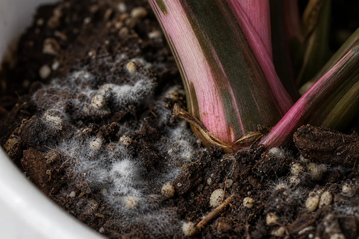 Close-up of Mold on Soil on Philodendron Pink Princess - diagnostic detail