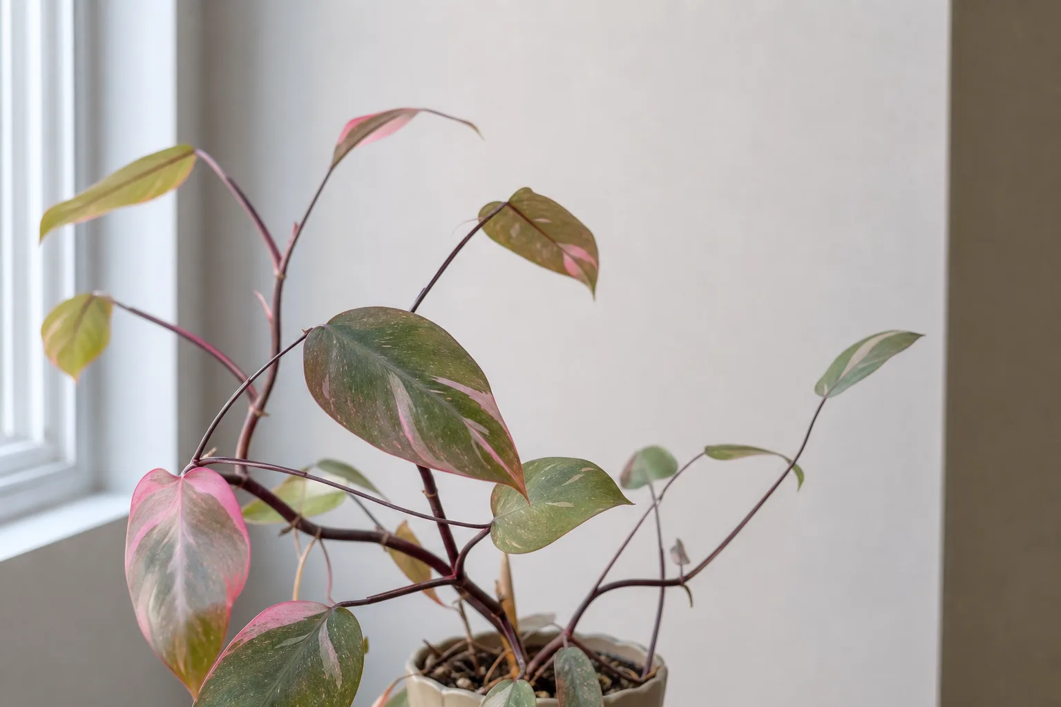 Philodendron Pink Princess with weak color and stretch from insufficient light