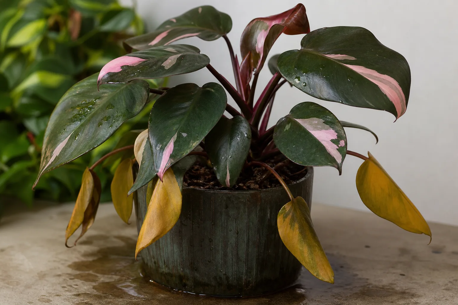 Overwatering on Philodendron Pink Princess - visible symptom on the plant