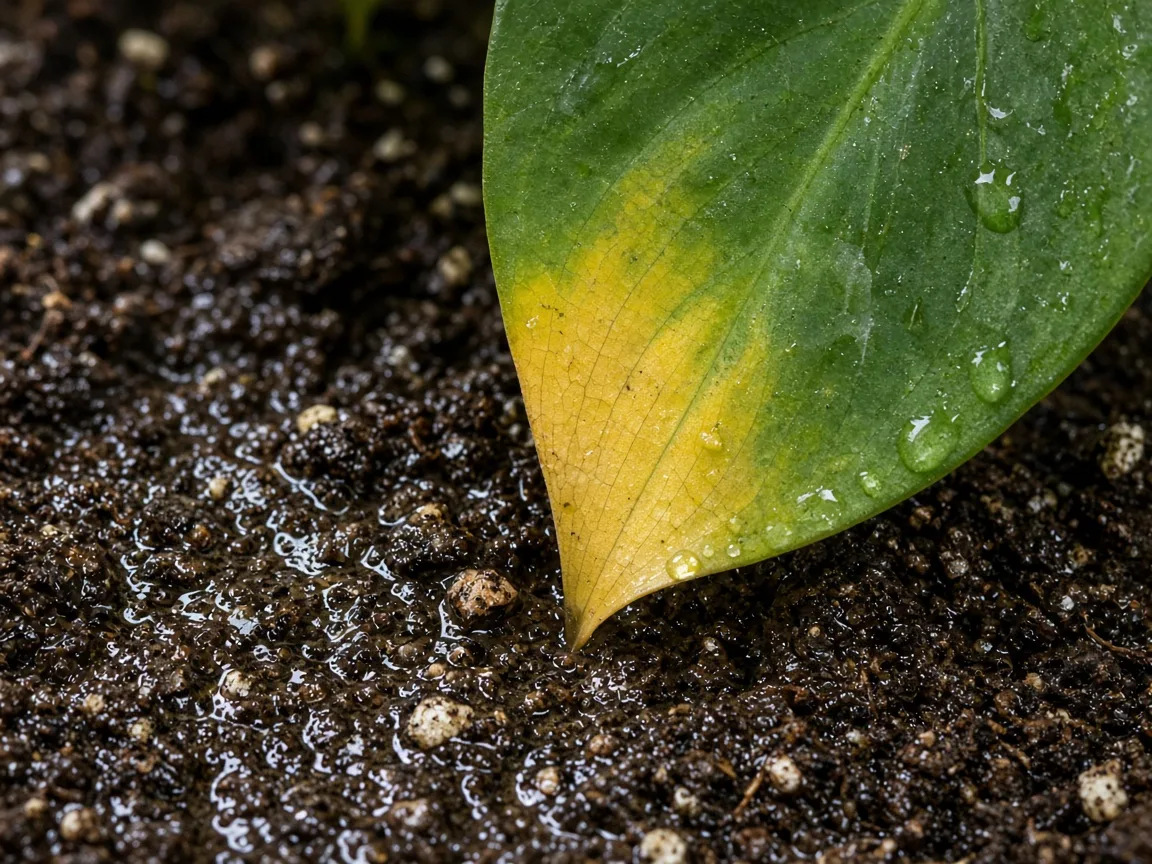 Close-up of Poor Drainage on Heartleaf Philodendron - diagnostic detail