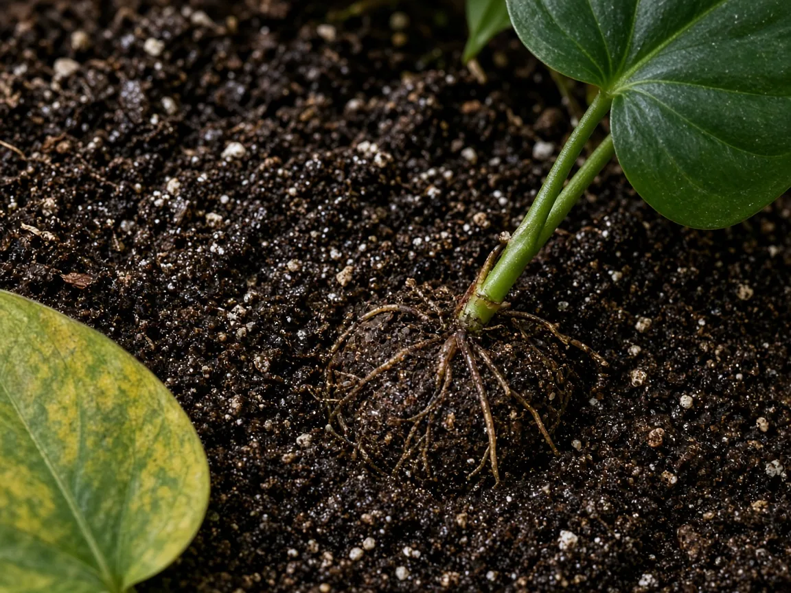 Close-up of Pot Too Large on Heartleaf Philodendron - diagnostic detail