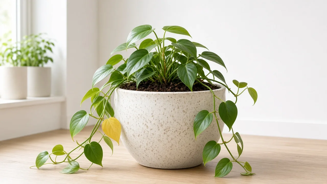 Pot Too Large on Heartleaf Philodendron - trailing vine in an oversized pot with yellow lower leaves