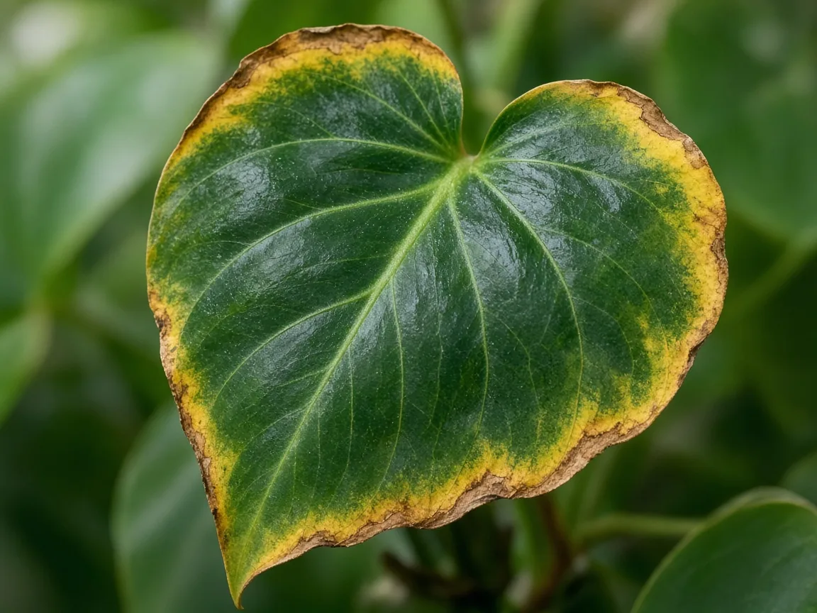 Close-up of potassium deficiency on heartleaf philodendron - scorched margin on heart-shaped leaf