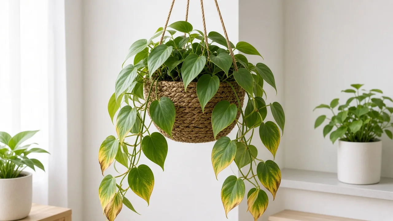 Potassium deficiency on heartleaf philodendron - scorched margins on older lower heart-shaped leaves in a hanging basket
