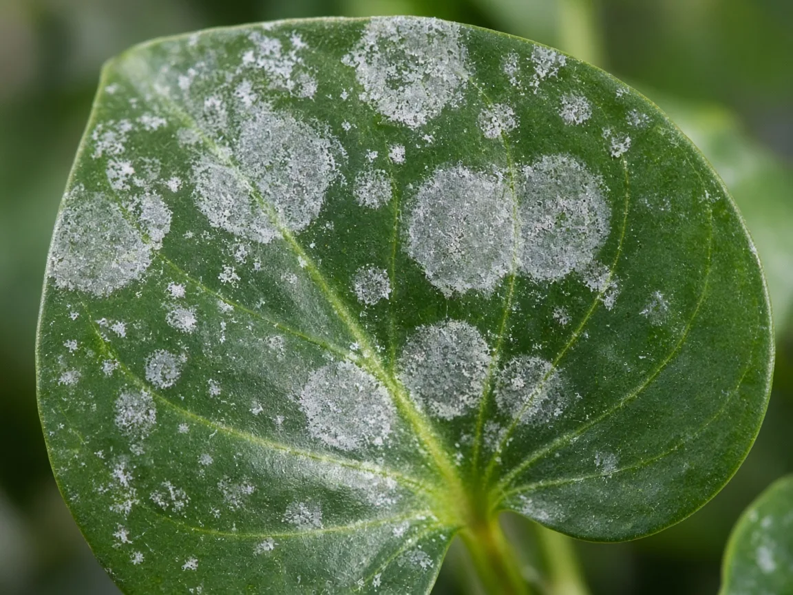 Close-up of powdery mildew on heartleaf philodendron leaf surface