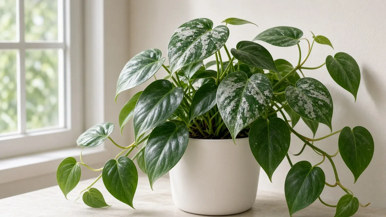 Powdery Mildew on Heartleaf Philodendron - white flour-like coating on glossy heart-shaped trailing leaves