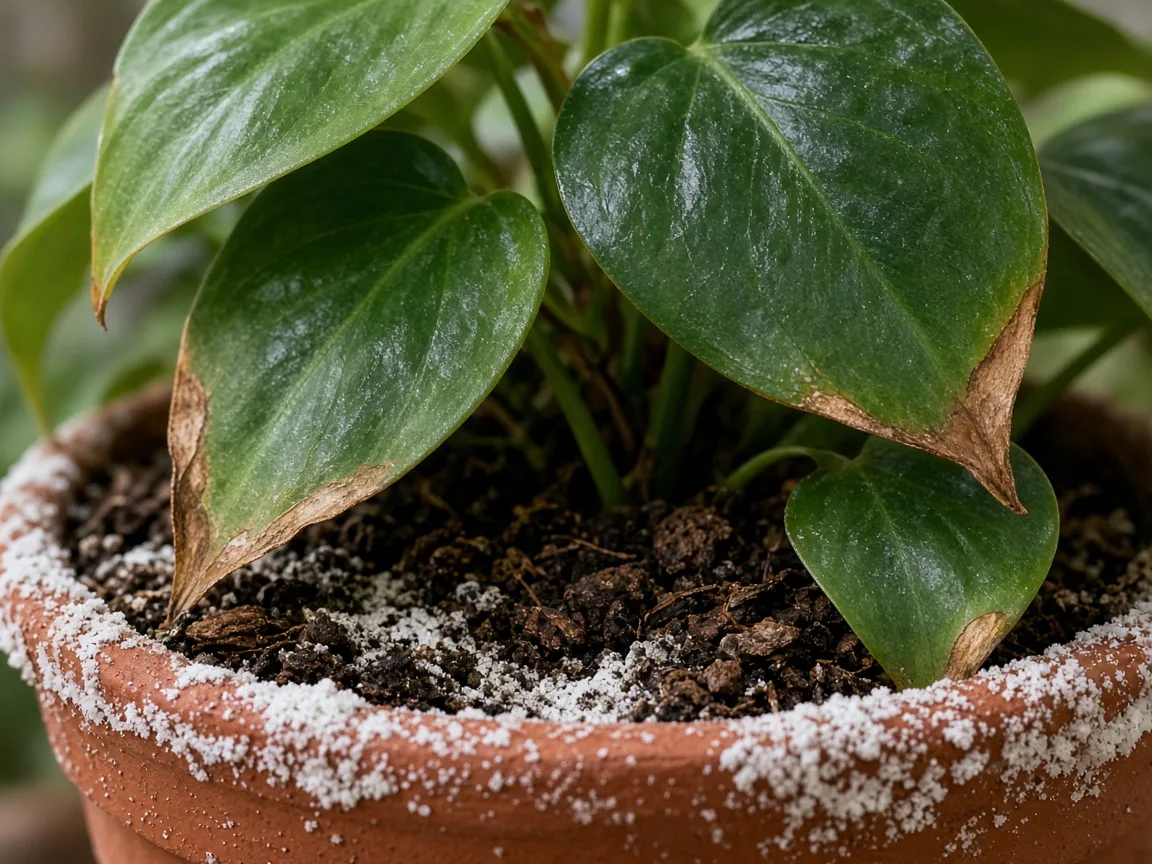 Close-up of salt build-up on heartleaf philodendron — white crystalline crust on soil rim and dry brown leaf tips
