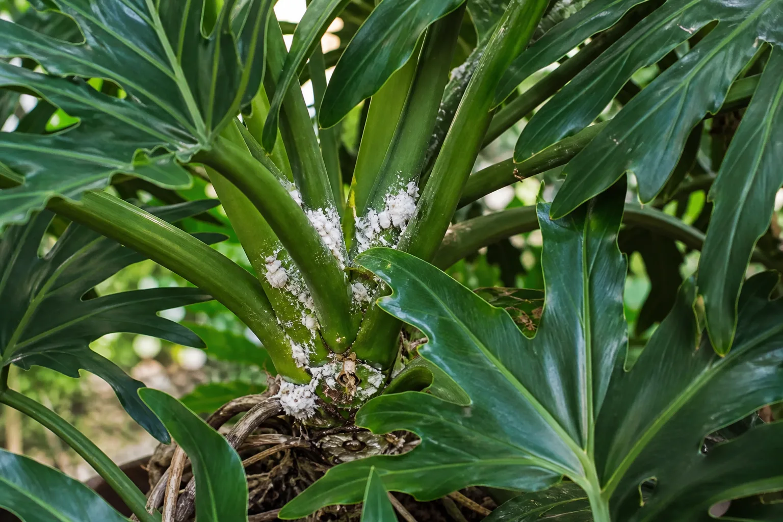 Mealybugs on Philodendron Selloum - visible symptom on the plant