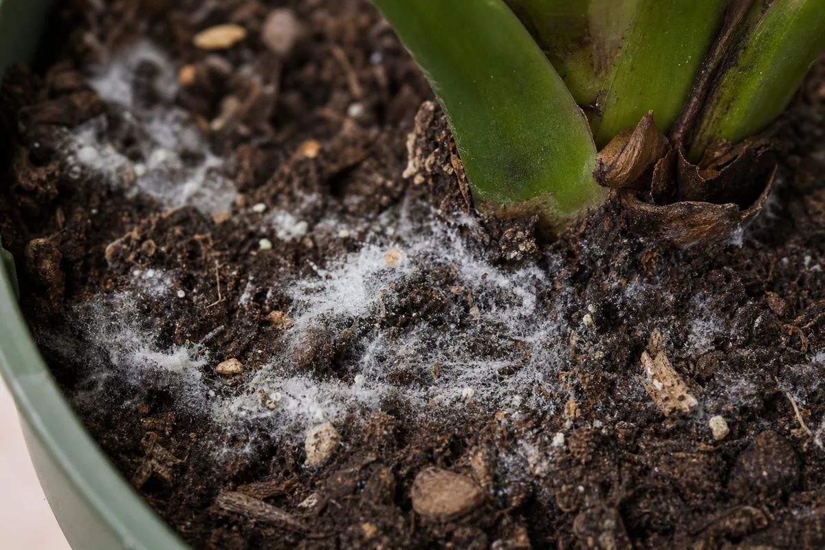 Close-up of Mold on Soil on Philodendron Selloum - diagnostic detail