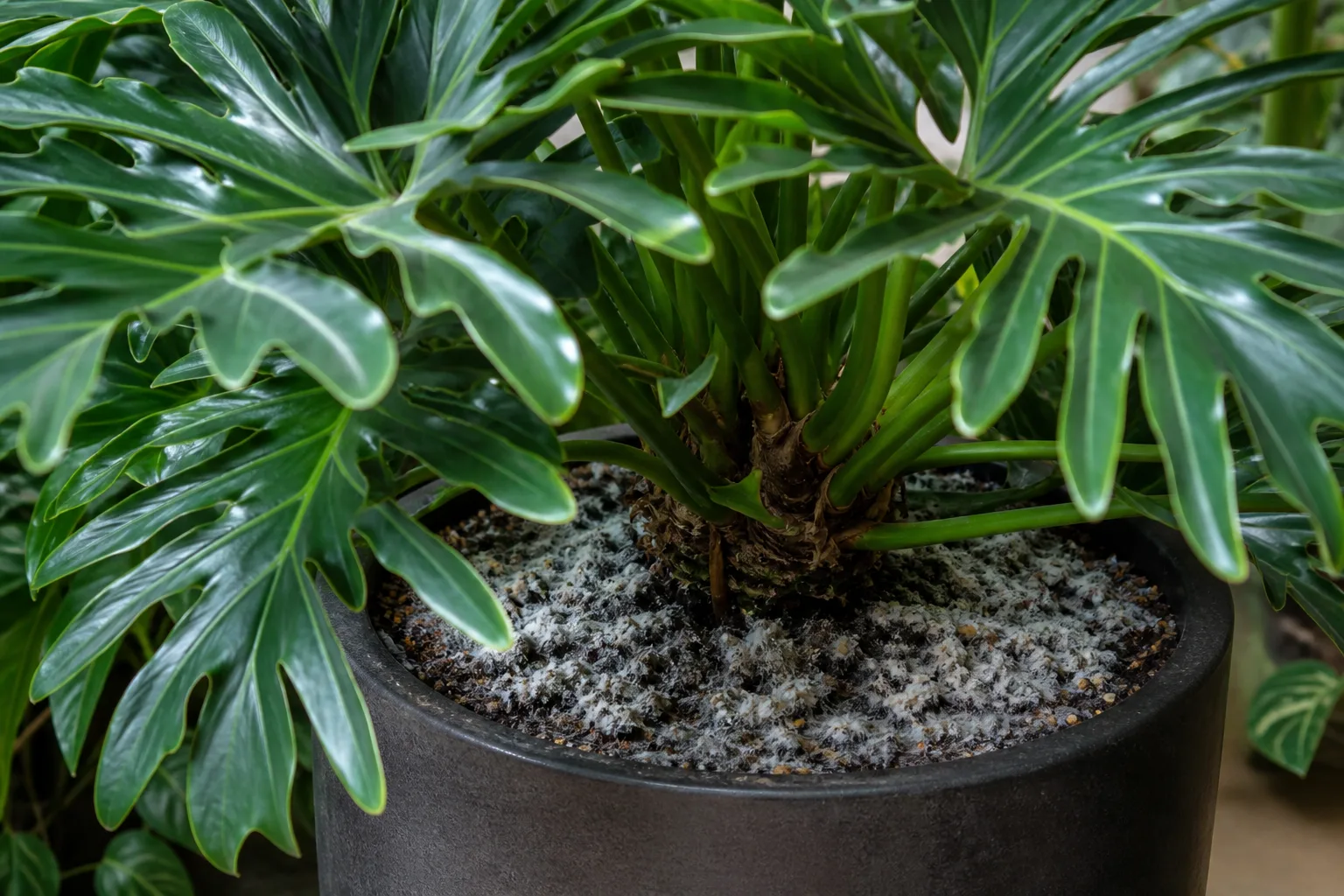 Mold on Soil on Philodendron Selloum - visible symptom on the plant