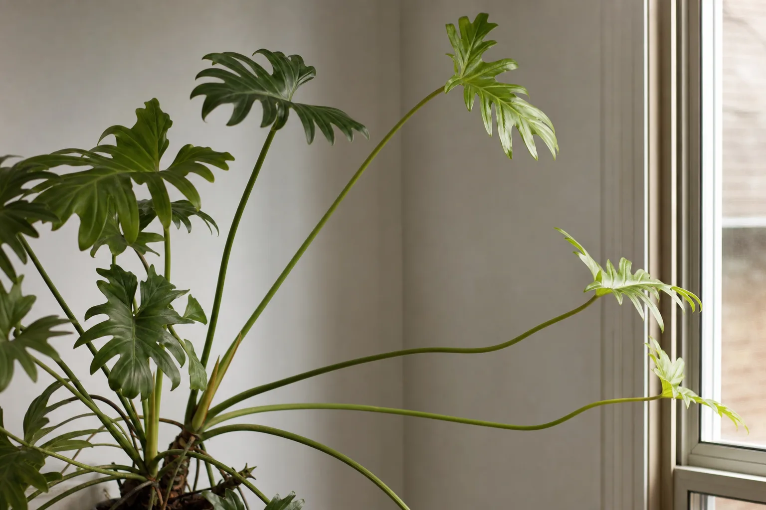 Not Enough Light on Philodendron Selloum - visible symptom on the plant