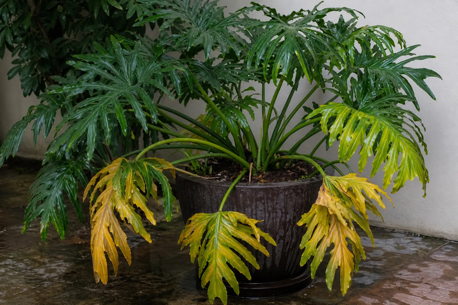 Overwatering on Philodendron Selloum - visible symptom on the plant