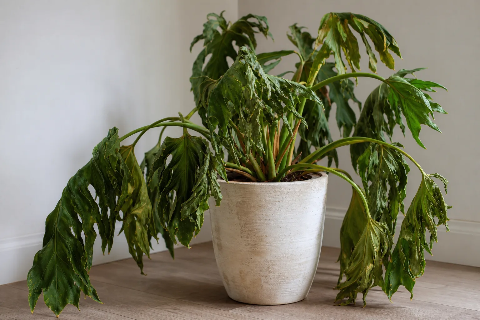 Underwatering on Philodendron Selloum - visible symptom on the plant