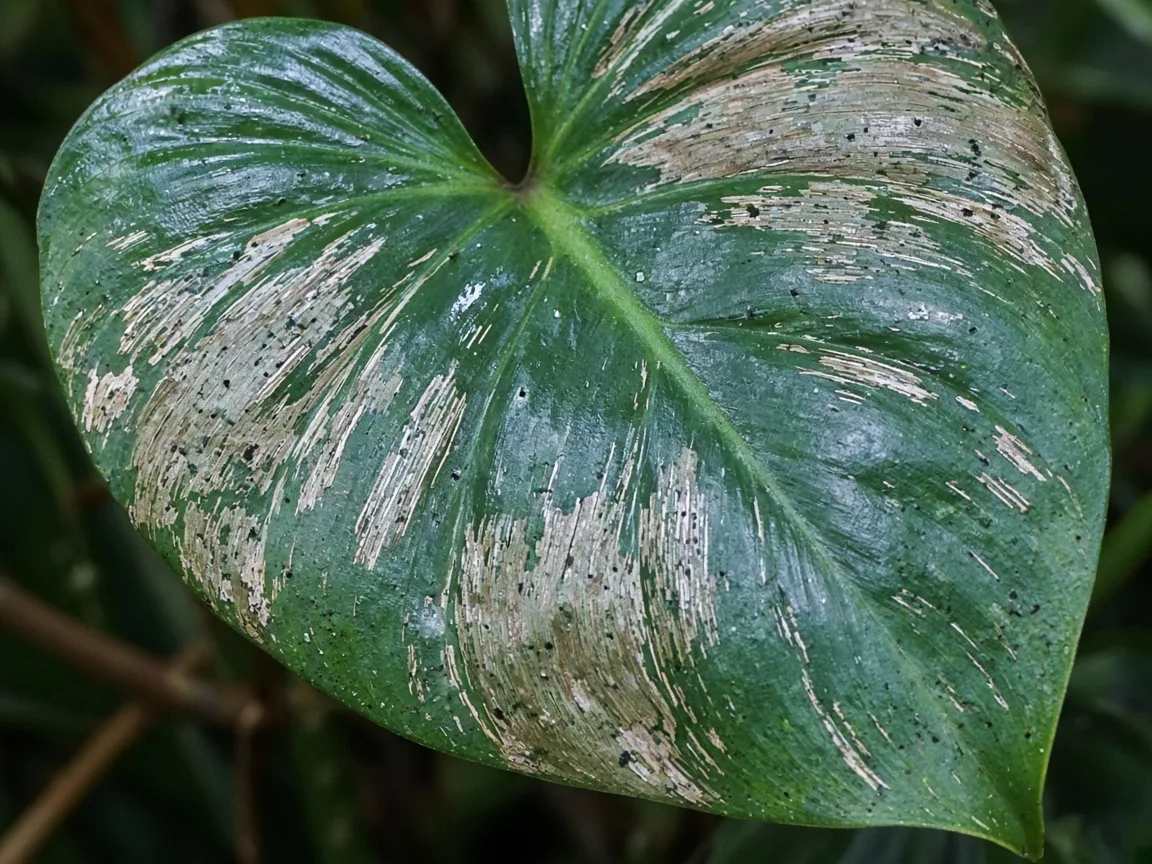 Close-up of thrips damage on Heartleaf Philodendron - silvery streaks and black frass on glossy heart leaf