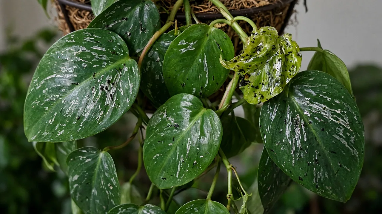 Thrips on Heartleaf Philodendron - silvery scrape marks on glossy heart-shaped leaves