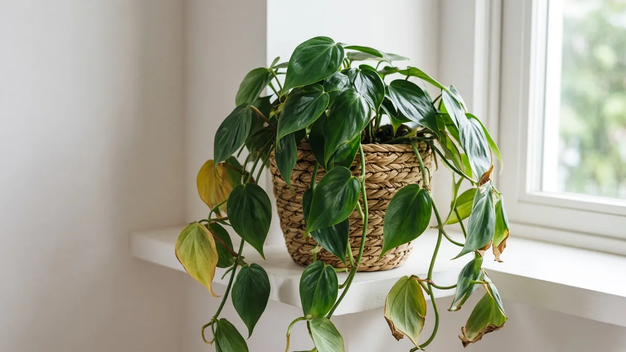 Water stress on Heartleaf Philodendron - limp trailing vines with mixed crispy edges and yellow lower leaves