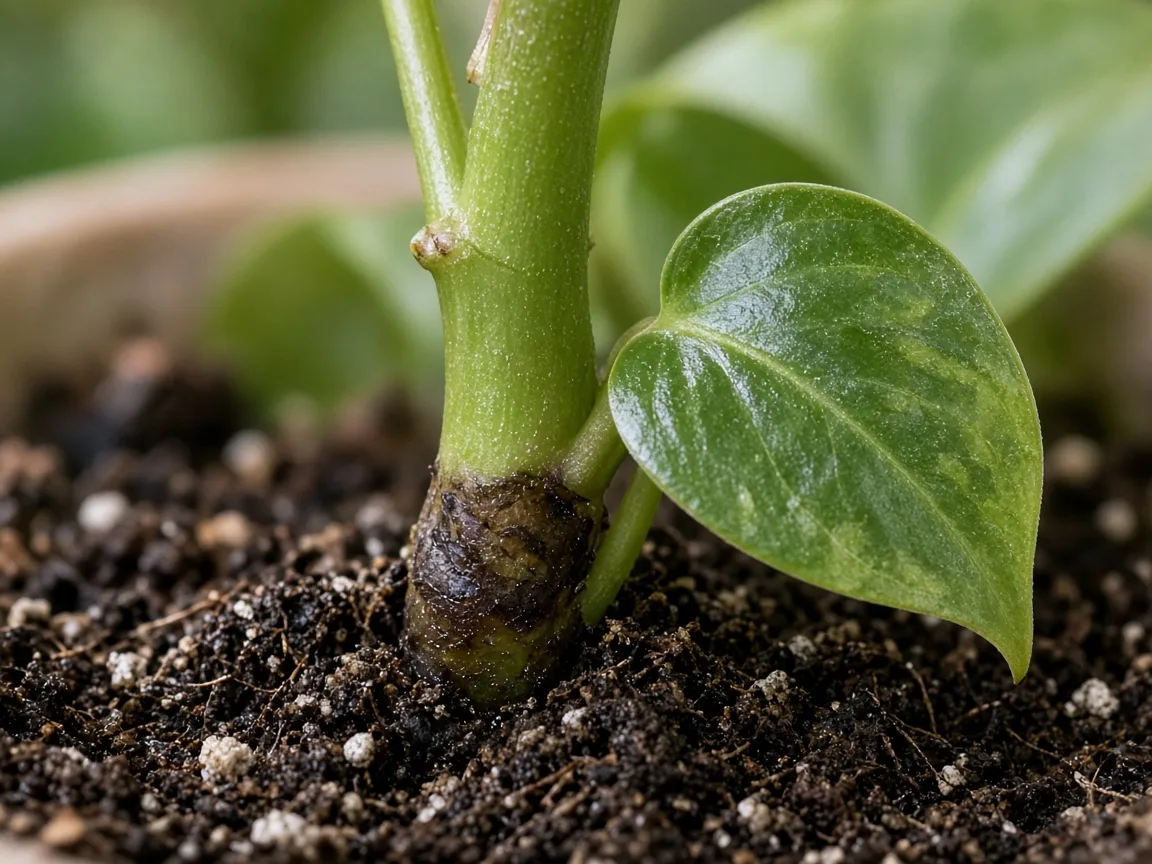 Close-up of Weak Stems on Heartleaf Philodendron - soft basal node and limp vine
