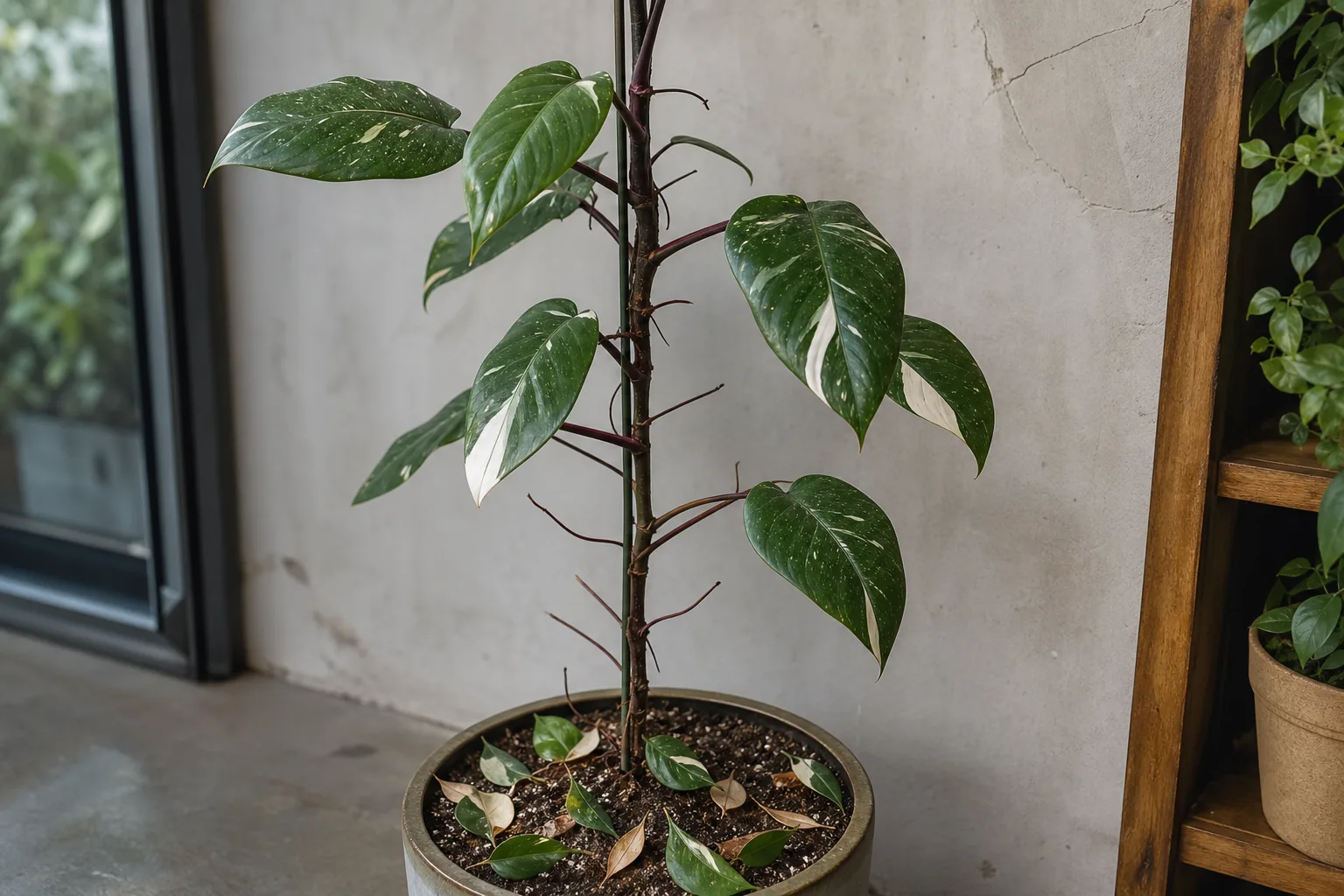 Leaf Drop on Philodendron White Knight - visible symptom on the plant