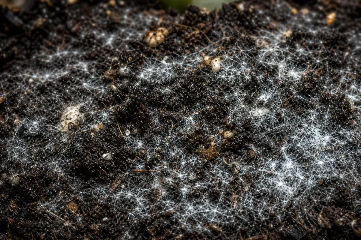 Close-up of Mold on Soil on Philodendron White Knight - diagnostic detail
