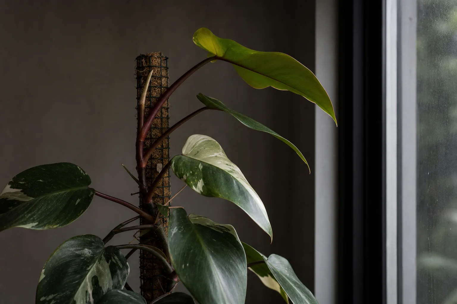 Philodendron White Knight with greener new growth and stretch from insufficient light