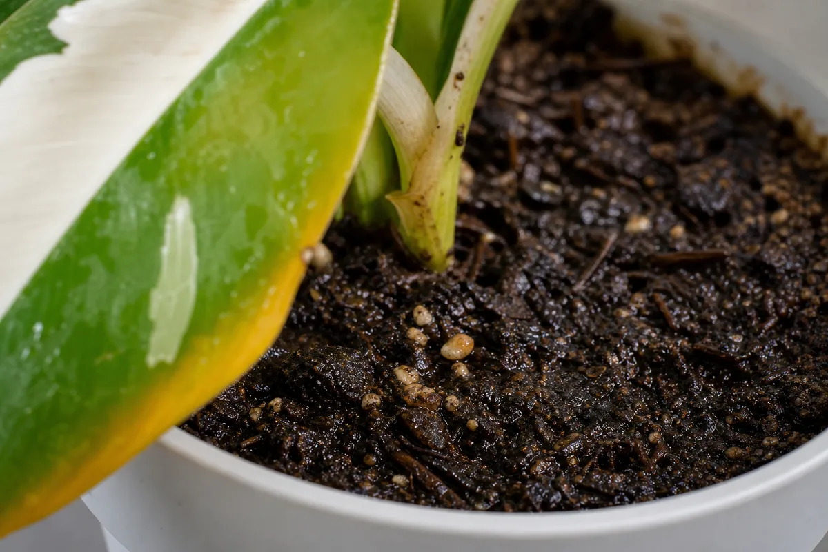 Close-up of Overwatering on Philodendron White Knight - diagnostic detail