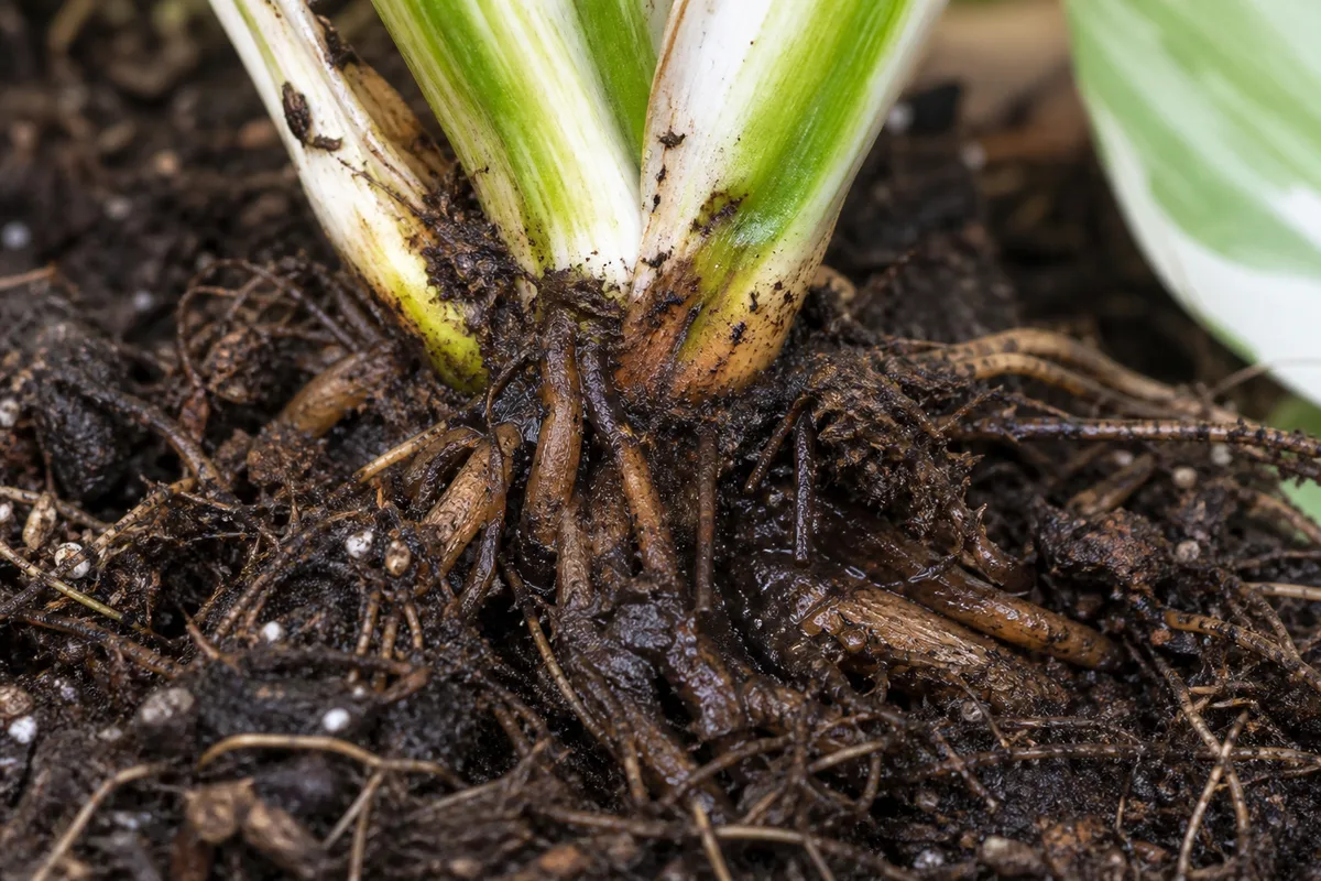 Close-up of Root Rot on Philodendron White Knight - diagnostic detail