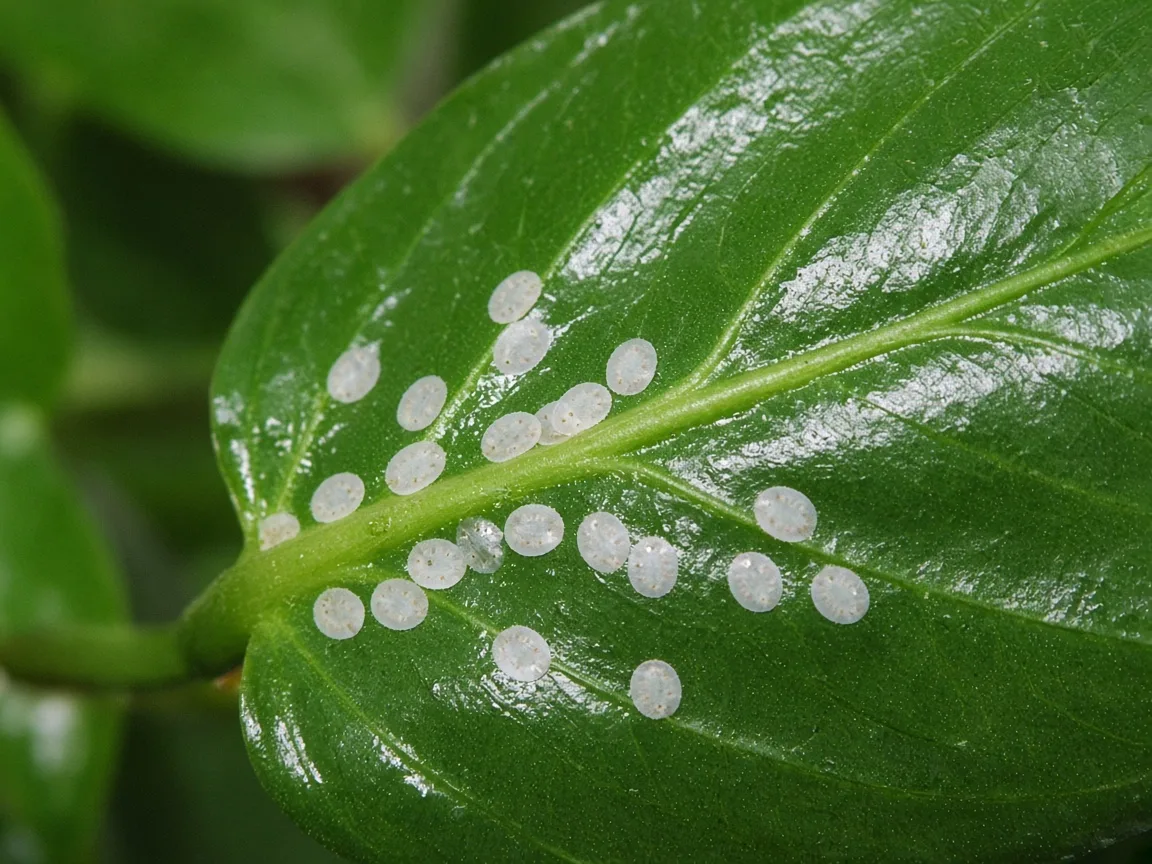 Close-up of whitefly nymph disks on heartleaf philodendron glossy leaf underside