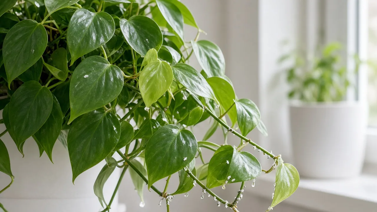 Whiteflies on Heartleaf Philodendron - tiny white insects on glossy leaf undersides of trailing vines