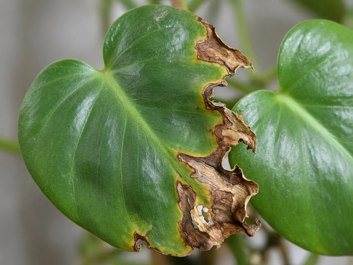 Close-up of wind damage on Heartleaf Philodendron - diagnostic detail