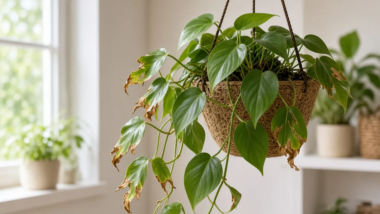 Wind damage on Heartleaf Philodendron - torn trailing vines with crispy brown leaf margins after airflow exposure