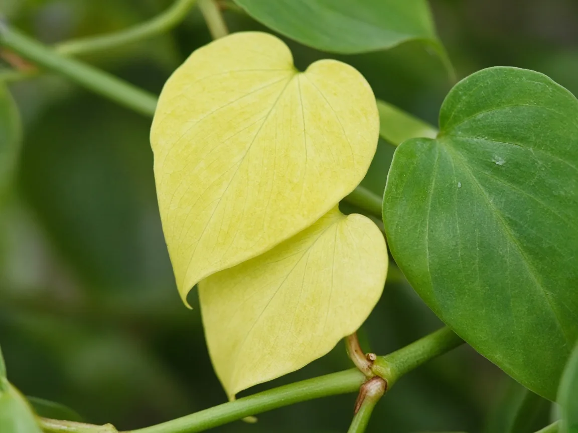 Close-up of Yellow Seedlings on Heartleaf Philodendron - diagnostic detail