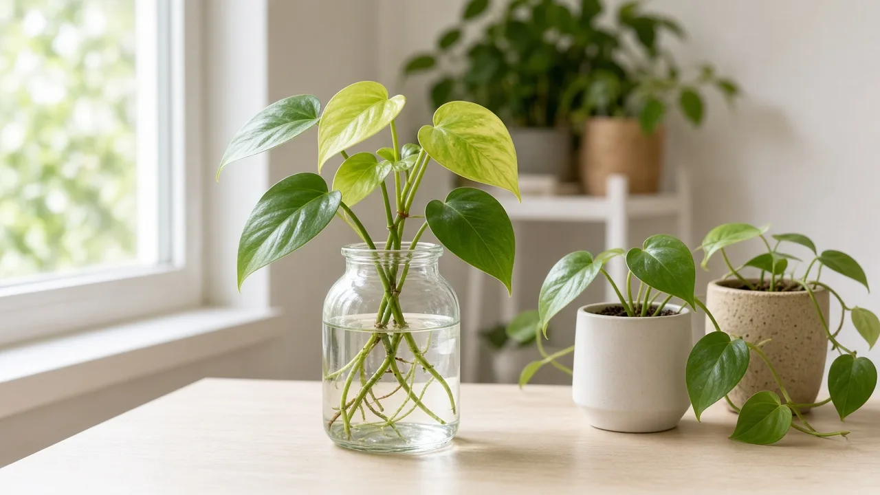 Yellow Seedlings on Heartleaf Philodendron - pale young leaves on water-rooted cuttings