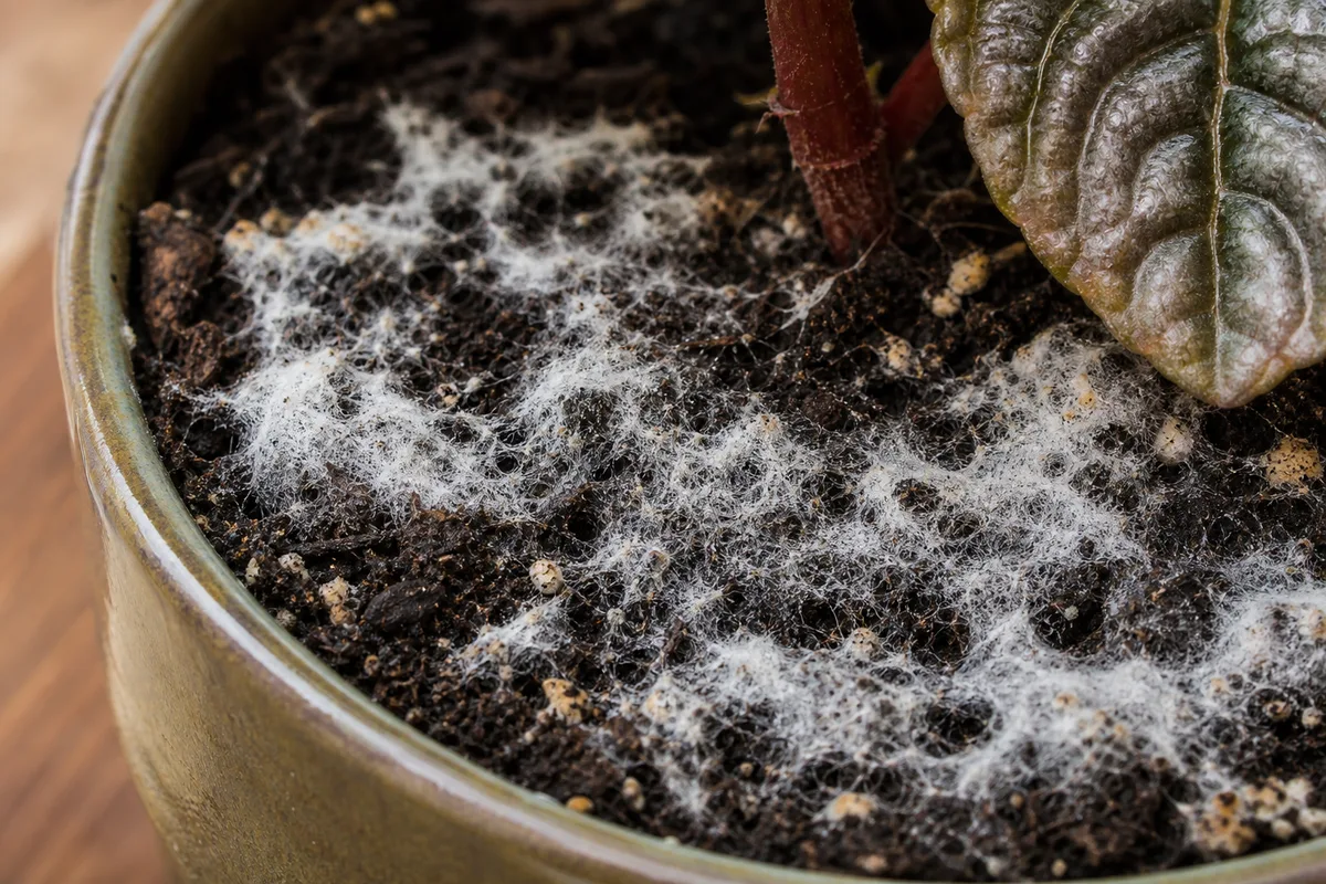 Close-up of Mold on Soil on Pilea Moon Valley - diagnostic detail