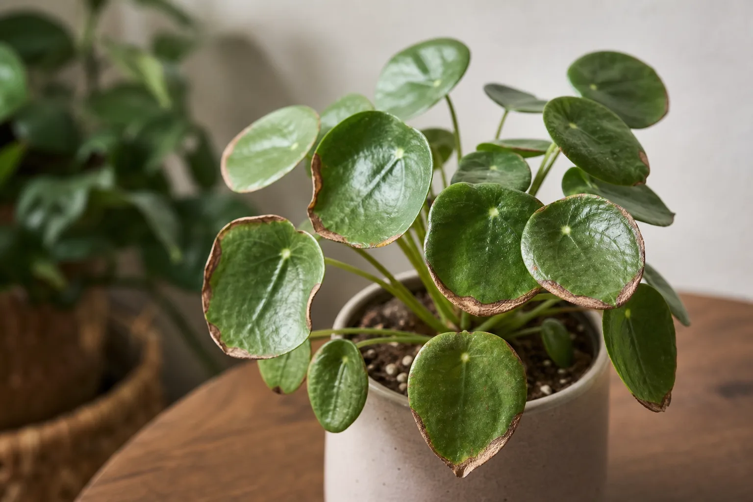 Low Humidity on Pilea Peperomioides - visible symptom on the plant