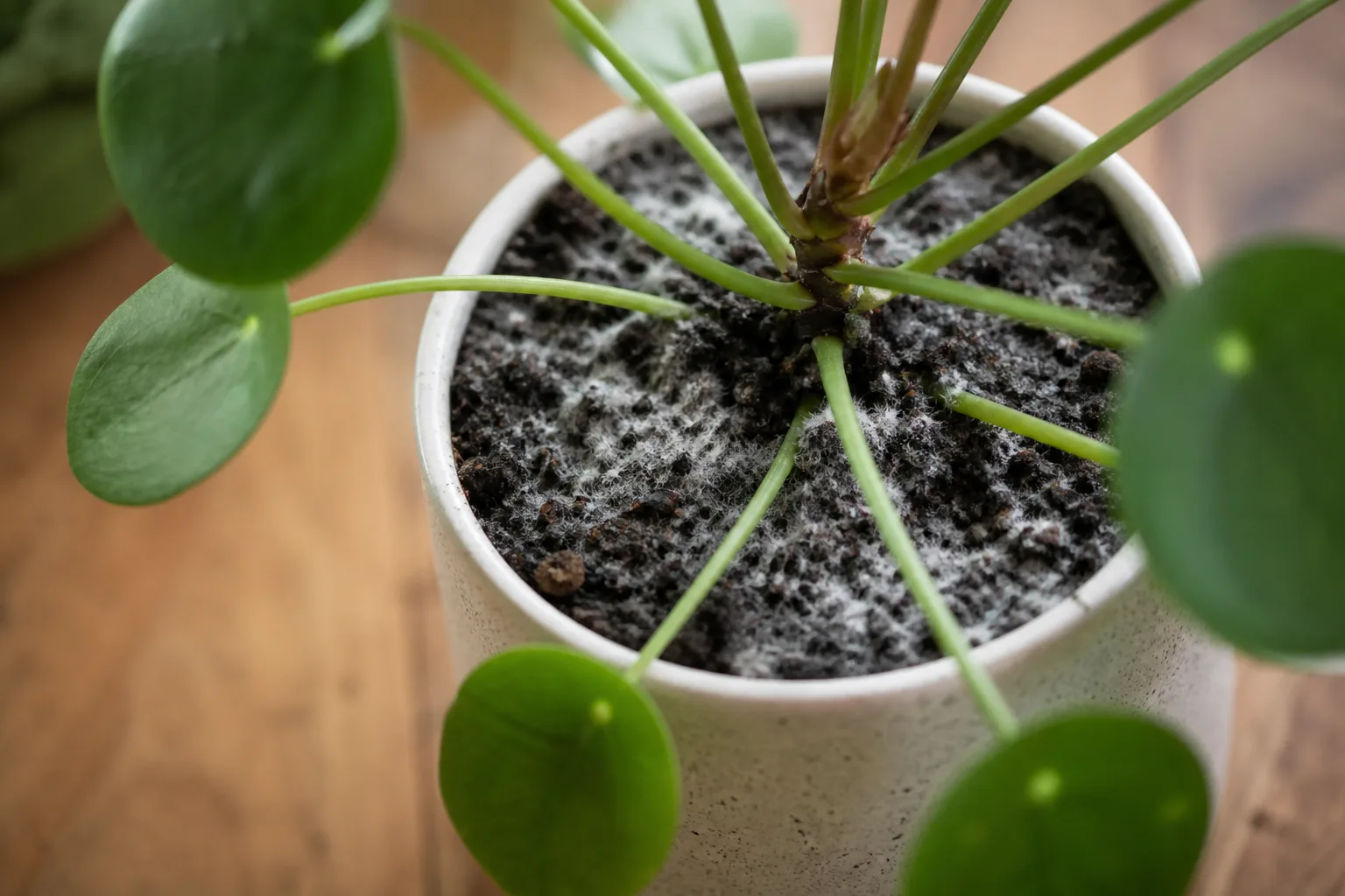Mold on Soil on Pilea Peperomioides - visible symptom on the plant