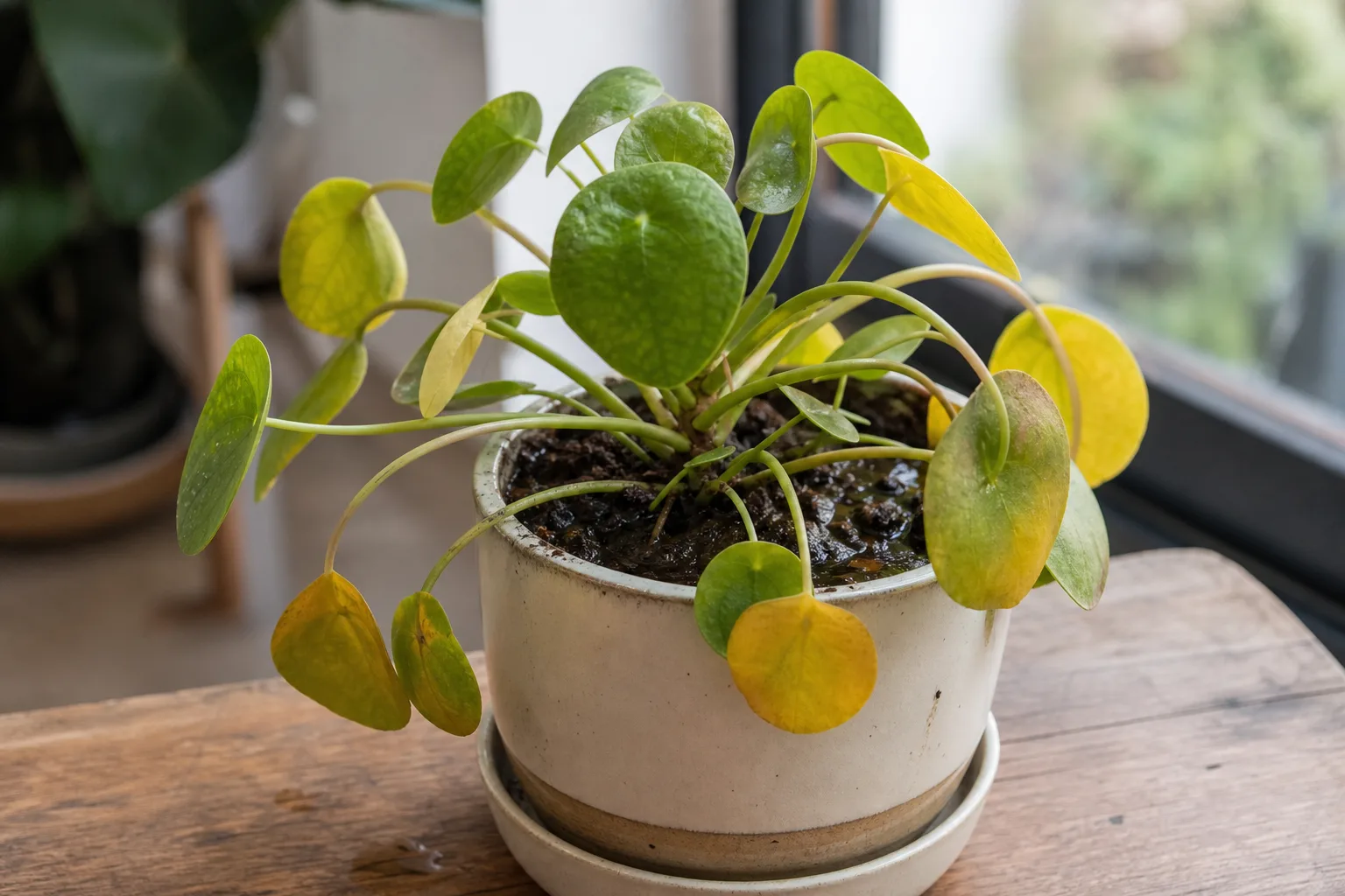 Overwatering on Pilea Peperomioides - visible symptom on the plant