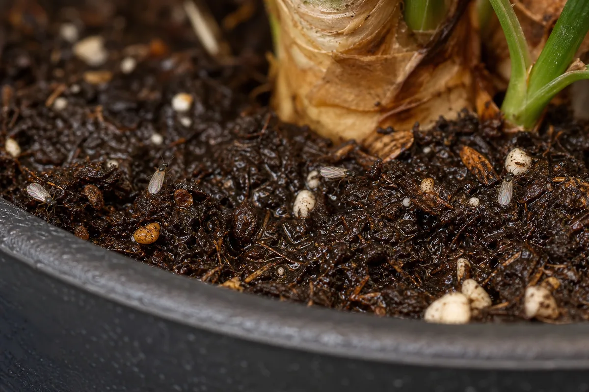 Close-up of Fungus Gnats on Ponytail Palm - diagnostic detail