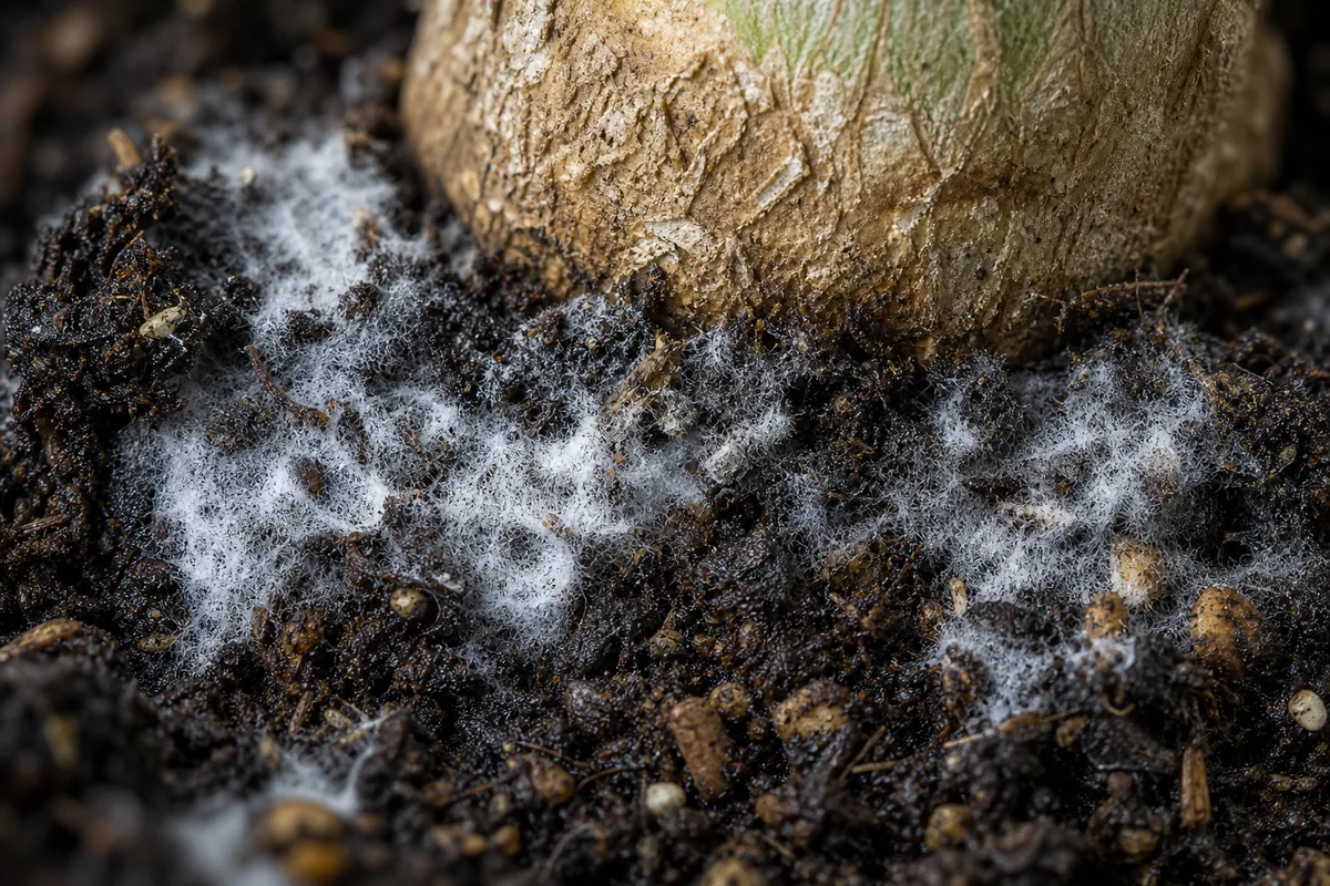 Close-up of Mold on Soil on Ponytail Palm - diagnostic detail