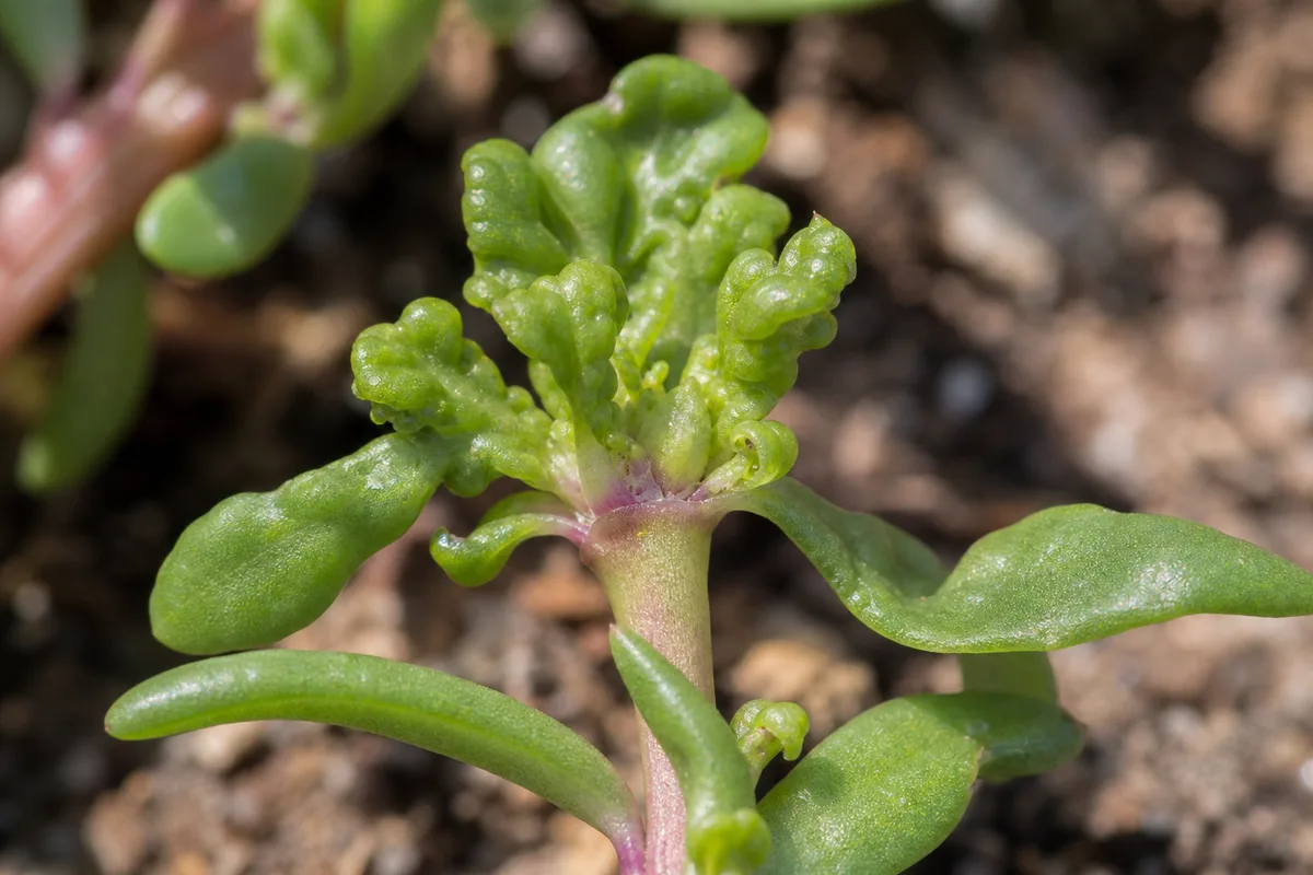 Close-up of Distorted Leaves on Portulaca - diagnostic detail