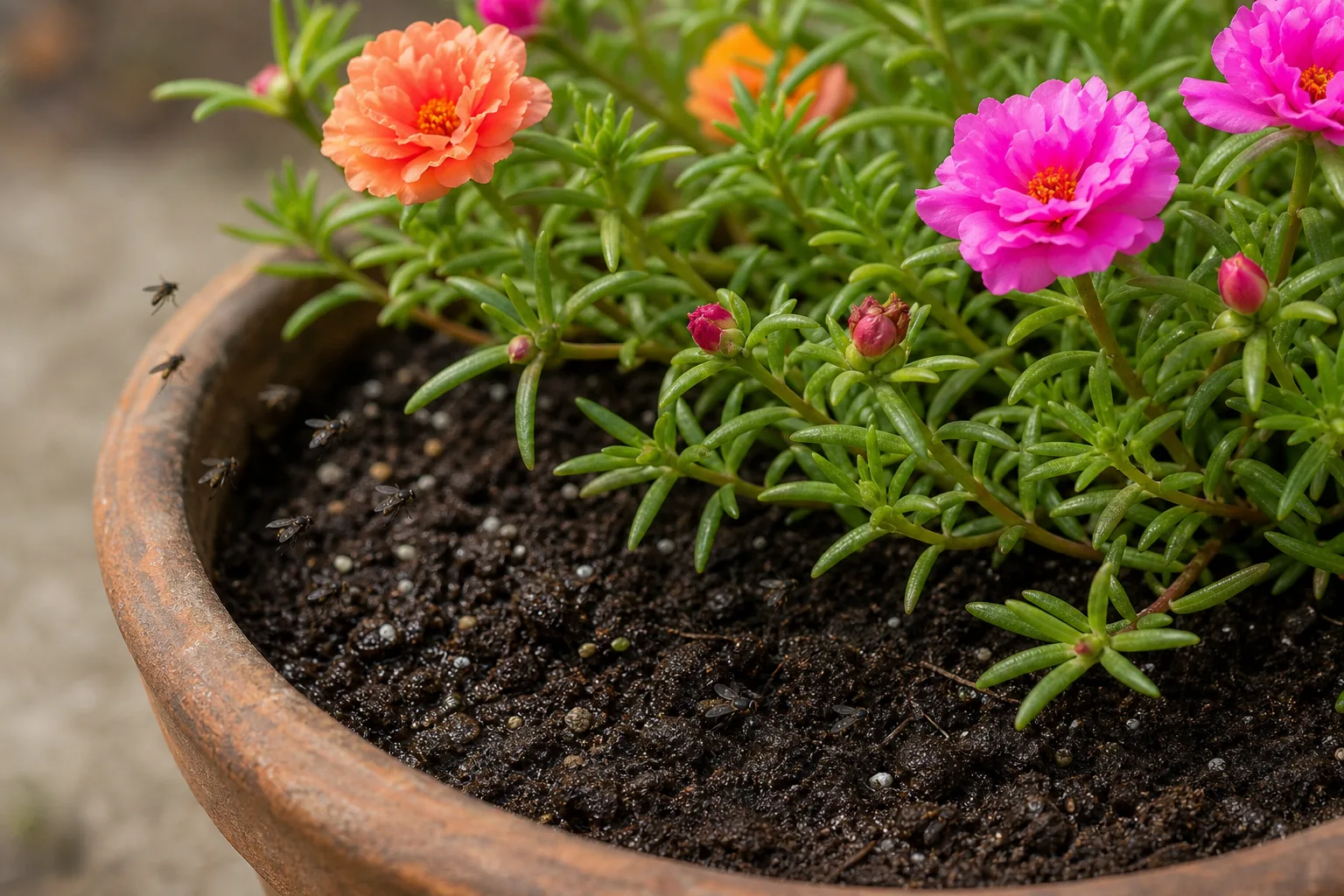 Fungus Gnats on Portulaca - visible symptom on the plant