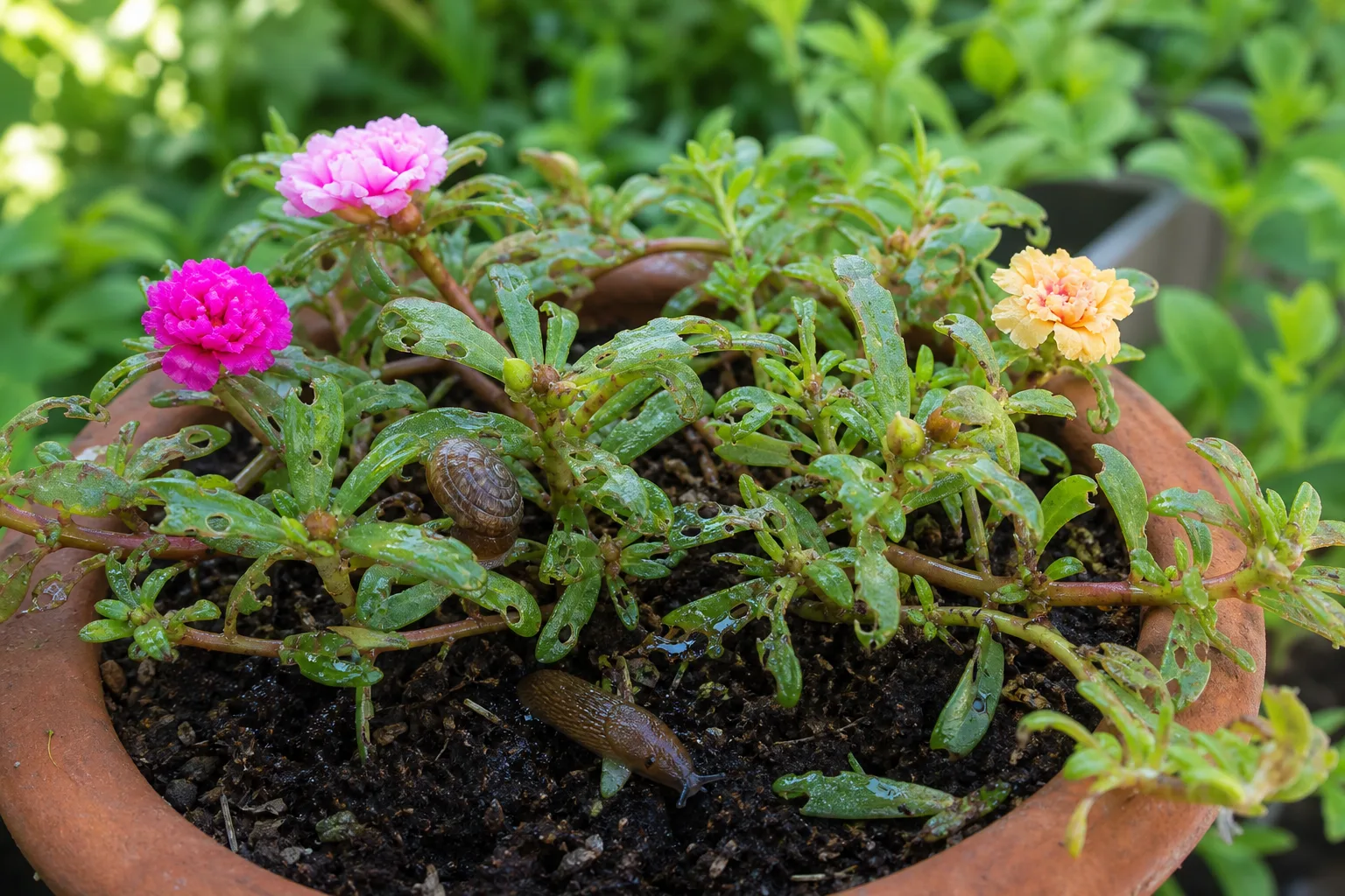 Slugs and Snails on Portulaca - visible symptom on the plant